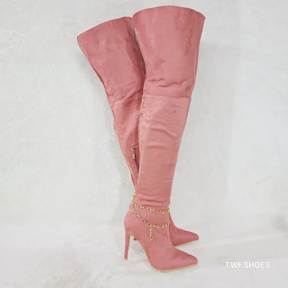 Mata Shoes Dusty Pink Suede Over-the-Knee Stiletto Boots w/Gold Chain Brand new.